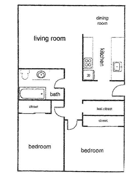 Floor plan for 2 beds, 1 bath, 766 sqft